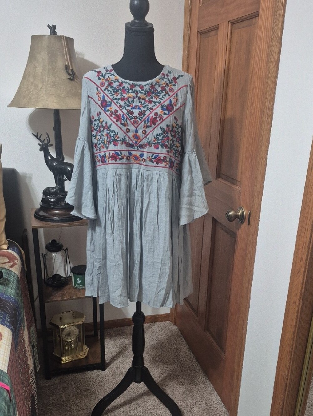 Umgee Gray Embroidered Floral Dress with Multicolor Flowers